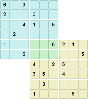 Double sudoku puzzle 6x6