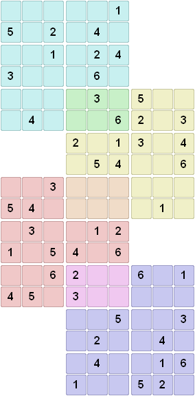Quadruple dragon sudoku puzzle 6x6